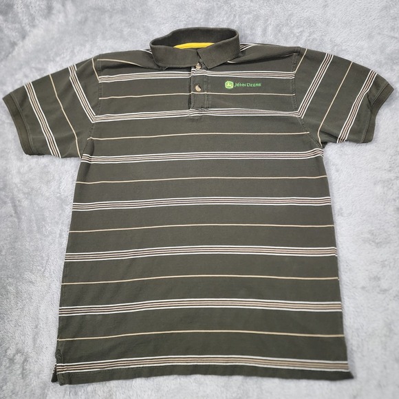 John Deere Other - John Deere Polo Shirt Mens Medium Green Striped Embroidered Logo‎ Casual Cotton